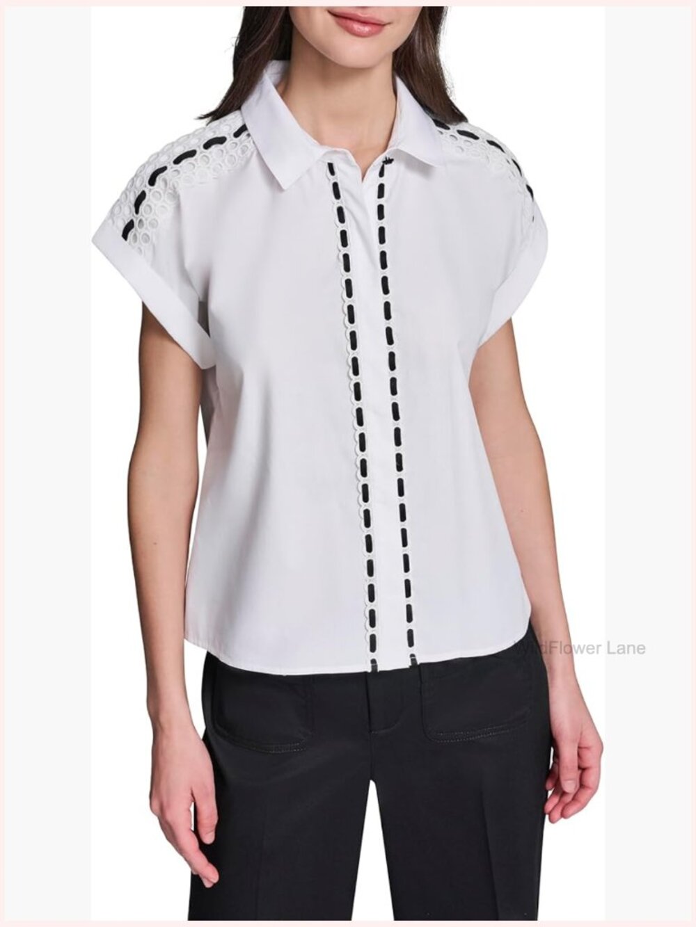 Relaxed Fit Cap Sleeve Button Down Blouse with Lace Rosette Details